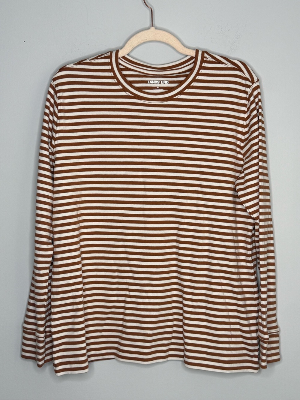 Lands End Top Tan White Stripe Round Neck Pullover. Long Sleeve Cotton Sz S 6-8